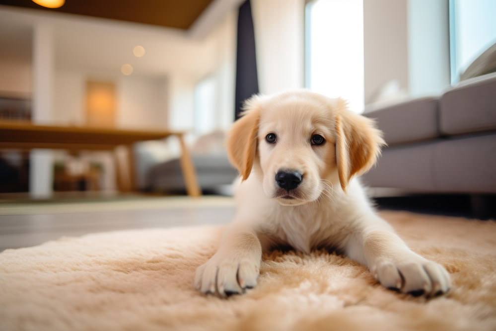 A very young golden retriever on a rug