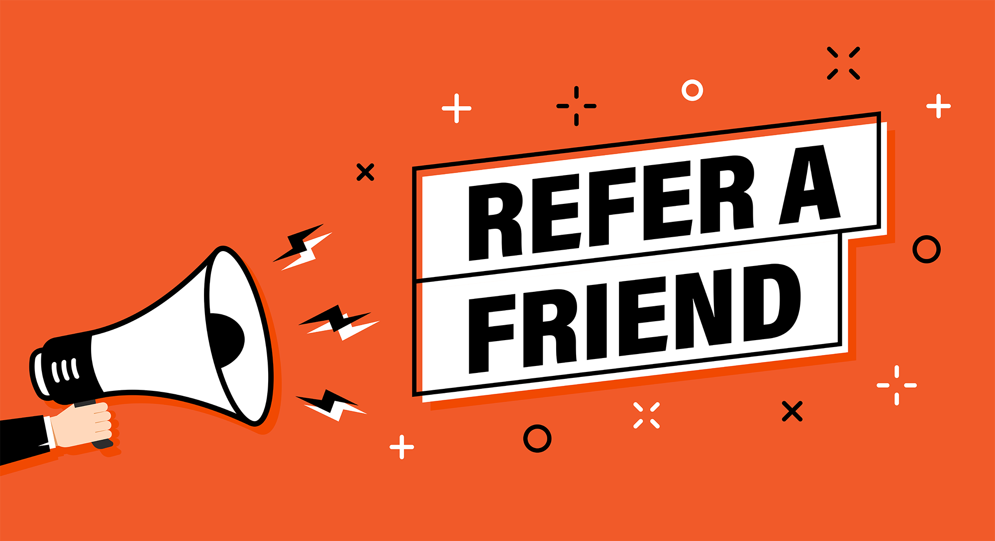 A megaphone with "refer a friend" coming out of it