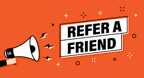 A megaphone with "refer a friend" coming out of it
