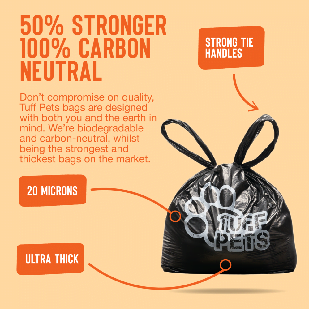 50% Stronger, 100% Carbon Neutral - Don't compromise on quality, Tuff Pets bags are designed with both you and the earth in mind. We're biodegradable and carbon neutral, whilst being the strongest and thickest bags on the market. | Strong Tie Handles | 20 Microns | Ultra Thick
