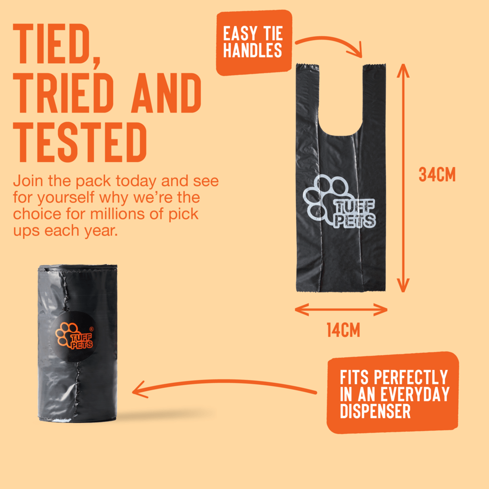 Tied, Tried & Tested - Join the pack today and see for yourself why we're the choice for millions of pick ups each year. | Easy Tie Handles | Fits Perfectly In An Everyday Dispenser