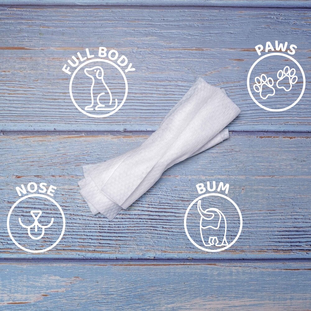 Floofs Wipes infographic. Surrounding a wipes in the centre - "Can be used on nose, bum, paws & whole body" 